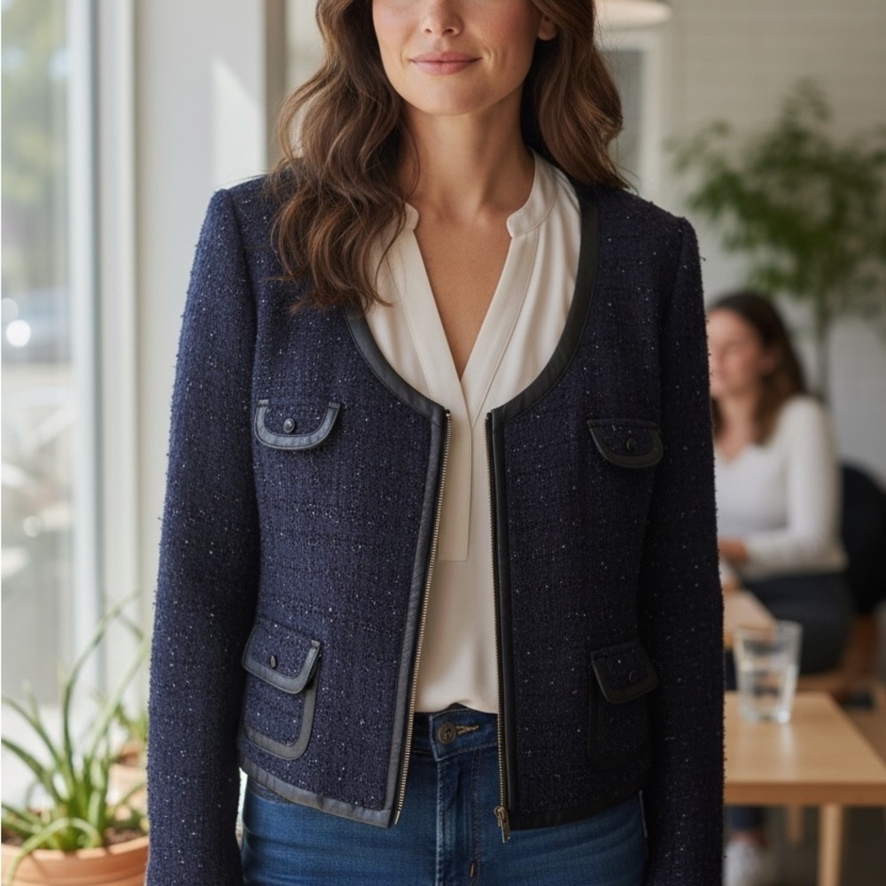 Line & Dot Elegant Navy Women's Jacket Trimmed in leather
